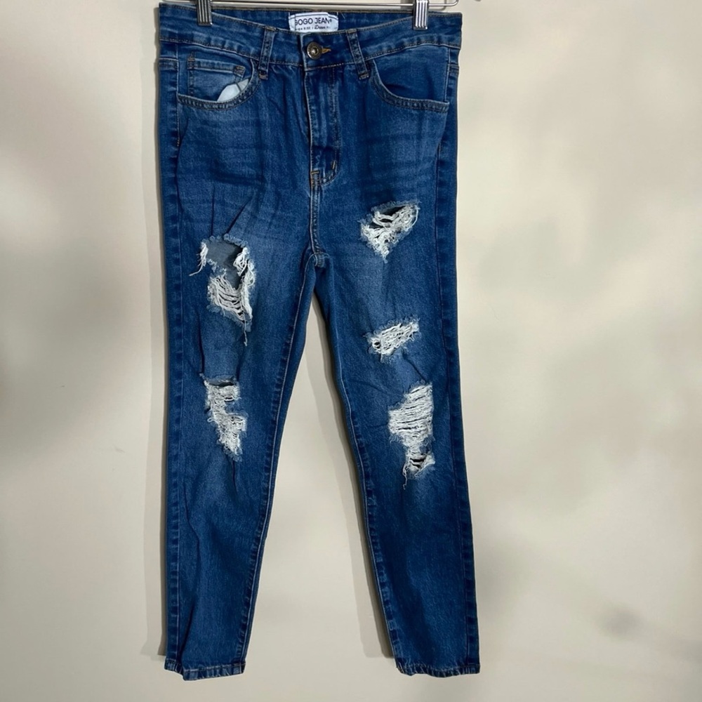 GOGO JEANS High Rise Straight Crop Raw Hem Pockets Womens Distressed Size 11